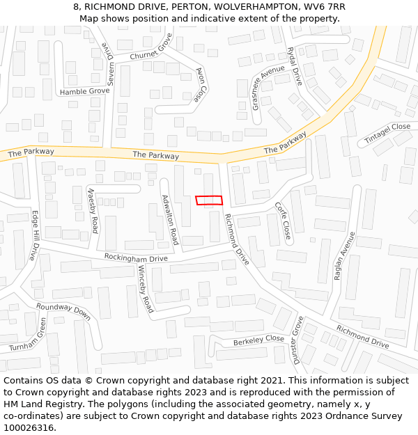 8, RICHMOND DRIVE, PERTON, WOLVERHAMPTON, WV6 7RR: Location map and indicative extent of plot