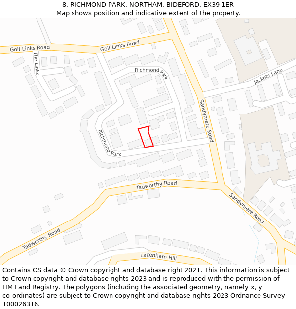8, RICHMOND PARK, NORTHAM, BIDEFORD, EX39 1ER: Location map and indicative extent of plot