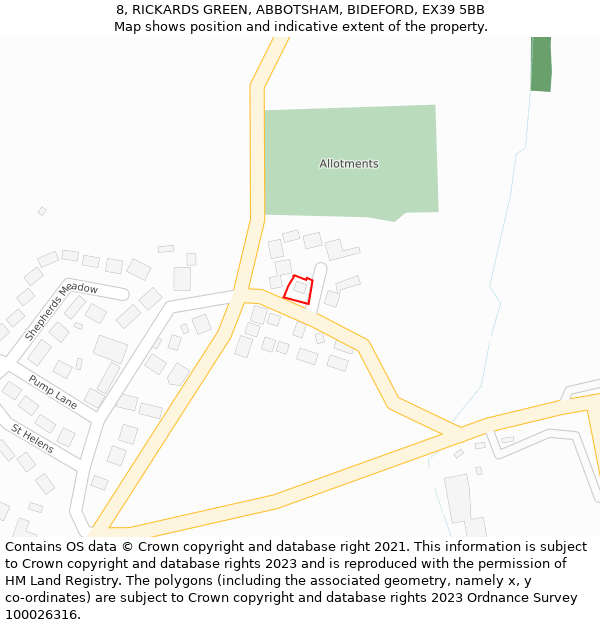 8, RICKARDS GREEN, ABBOTSHAM, BIDEFORD, EX39 5BB: Location map and indicative extent of plot