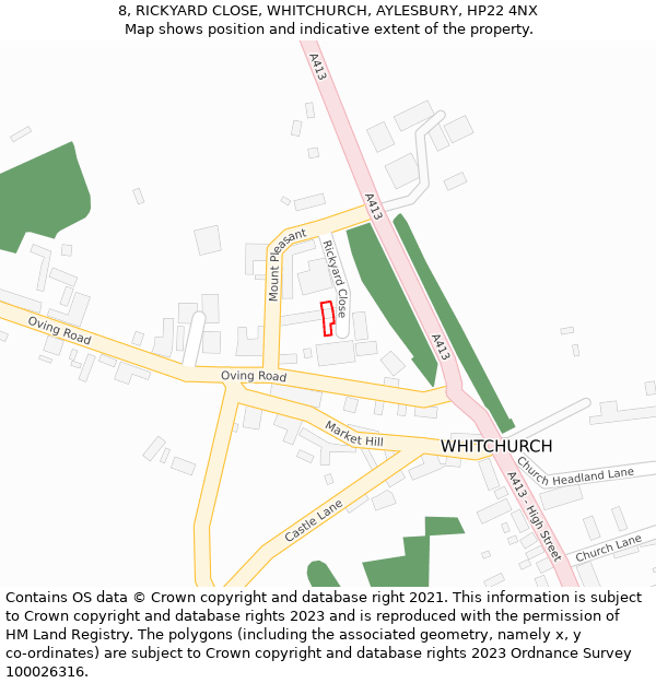 8, RICKYARD CLOSE, WHITCHURCH, AYLESBURY, HP22 4NX: Location map and indicative extent of plot