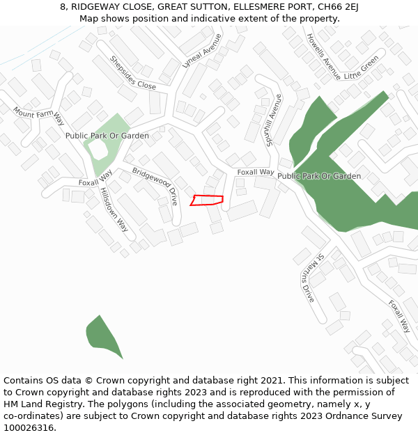 8, RIDGEWAY CLOSE, GREAT SUTTON, ELLESMERE PORT, CH66 2EJ: Location map and indicative extent of plot