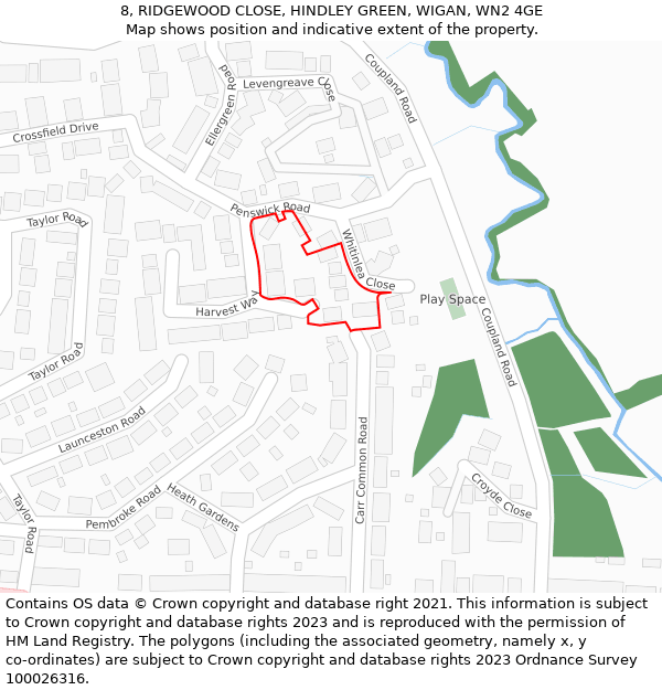 8, RIDGEWOOD CLOSE, HINDLEY GREEN, WIGAN, WN2 4GE: Location map and indicative extent of plot
