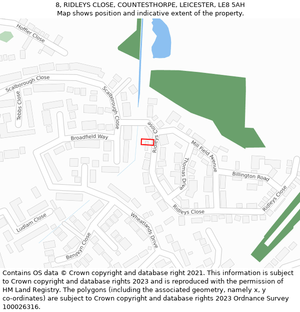 8, RIDLEYS CLOSE, COUNTESTHORPE, LEICESTER, LE8 5AH: Location map and indicative extent of plot