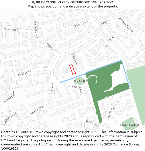 8, RILEY CLOSE, YAXLEY, PETERBOROUGH, PE7 3QD: Location map and indicative extent of plot