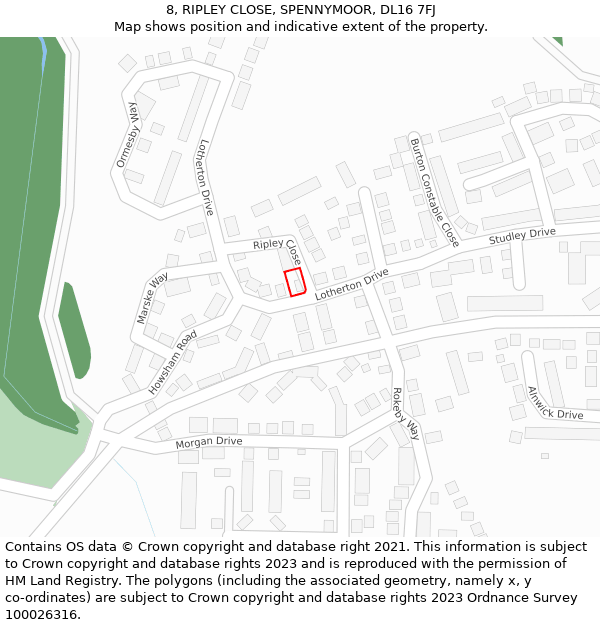 8, RIPLEY CLOSE, SPENNYMOOR, DL16 7FJ: Location map and indicative extent of plot