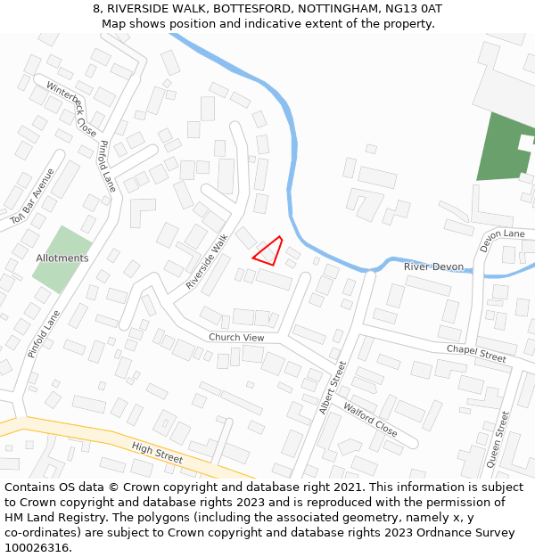 8, RIVERSIDE WALK, BOTTESFORD, NOTTINGHAM, NG13 0AT: Location map and indicative extent of plot