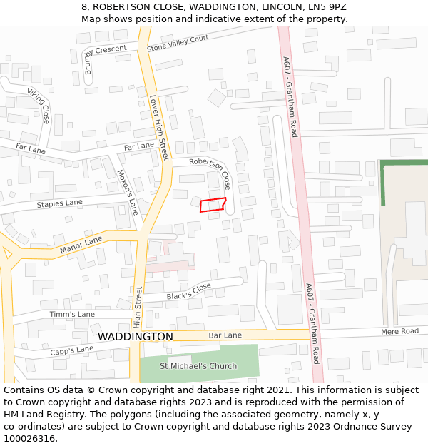 8, ROBERTSON CLOSE, WADDINGTON, LINCOLN, LN5 9PZ: Location map and indicative extent of plot