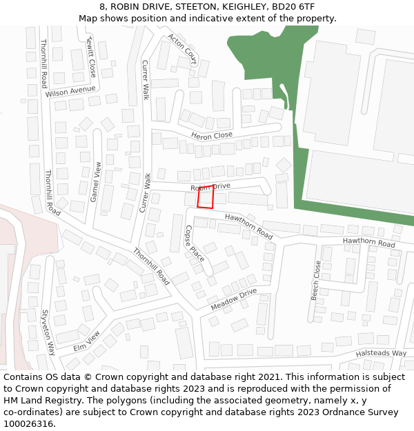 8, ROBIN DRIVE, STEETON, KEIGHLEY, BD20 6TF: Location map and indicative extent of plot