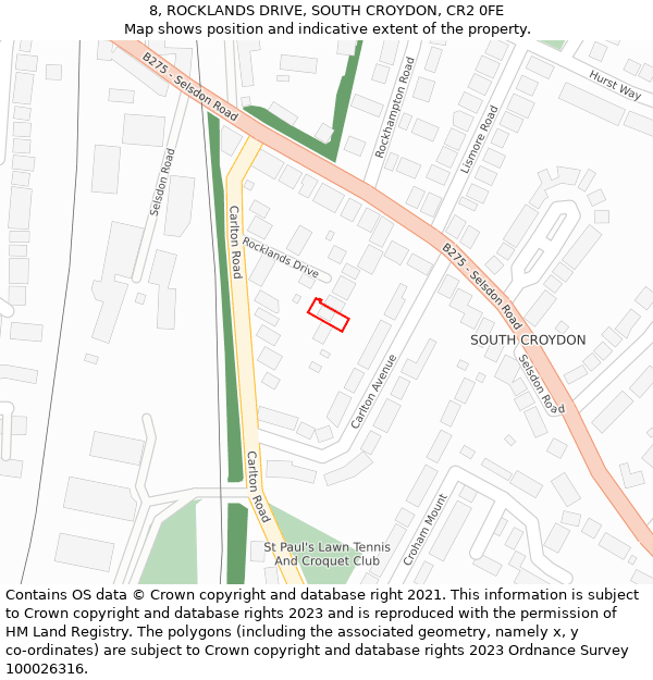 8, ROCKLANDS DRIVE, SOUTH CROYDON, CR2 0FE: Location map and indicative extent of plot