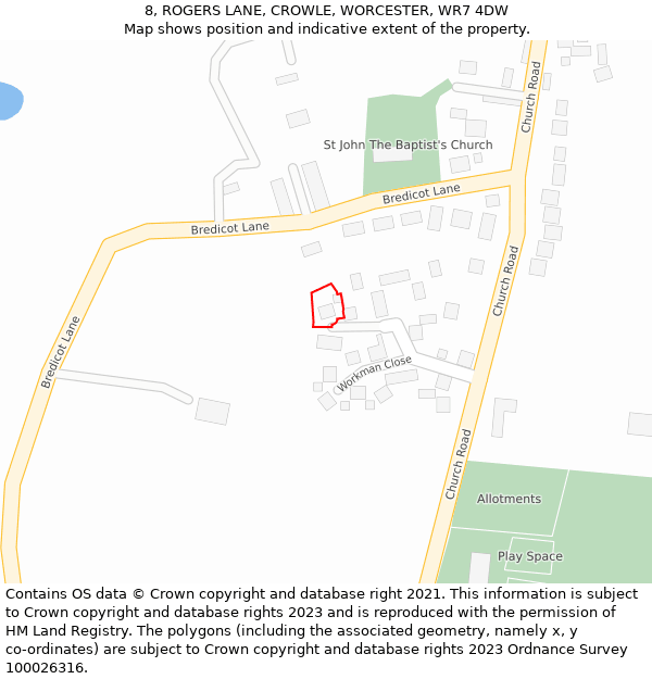 8, ROGERS LANE, CROWLE, WORCESTER, WR7 4DW: Location map and indicative extent of plot