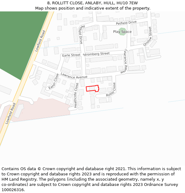 8, ROLLITT CLOSE, ANLABY, HULL, HU10 7EW: Location map and indicative extent of plot