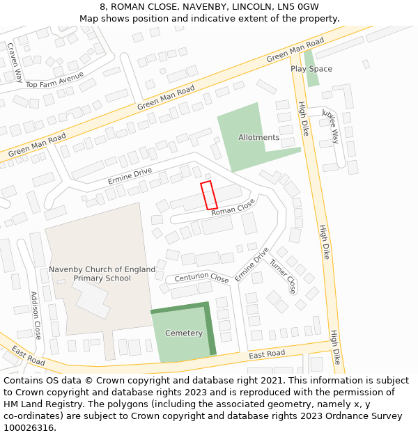 8, ROMAN CLOSE, NAVENBY, LINCOLN, LN5 0GW: Location map and indicative extent of plot