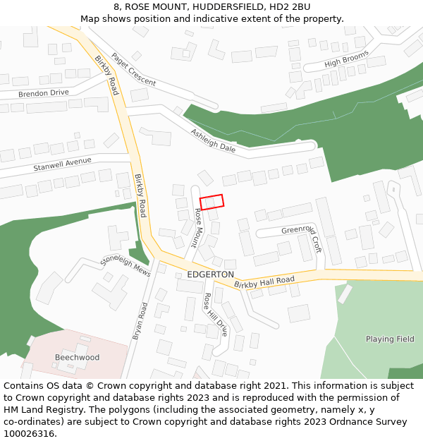 8, ROSE MOUNT, HUDDERSFIELD, HD2 2BU: Location map and indicative extent of plot