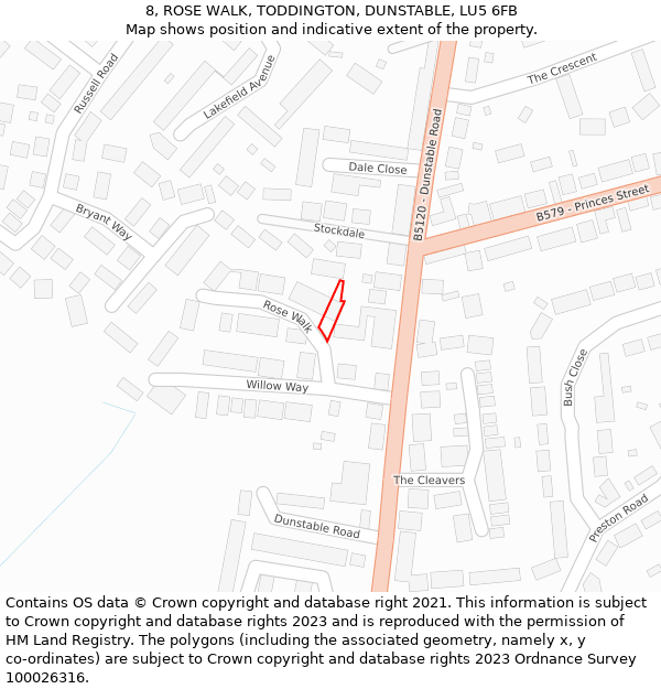 8, ROSE WALK, TODDINGTON, DUNSTABLE, LU5 6FB: Location map and indicative extent of plot