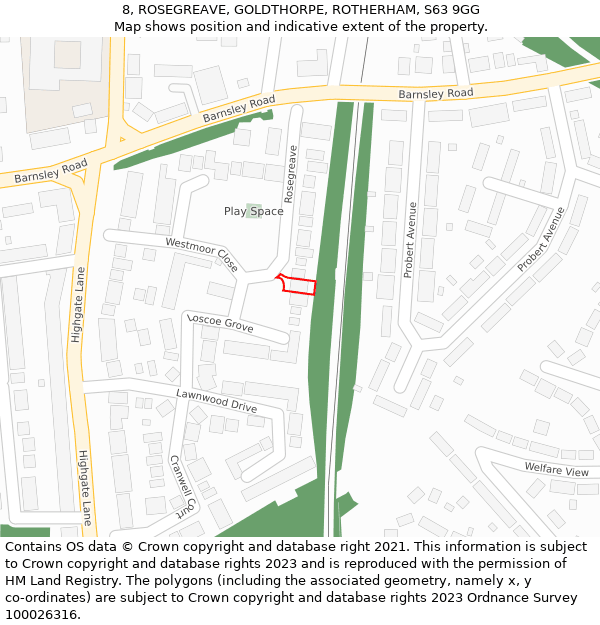 8, ROSEGREAVE, GOLDTHORPE, ROTHERHAM, S63 9GG: Location map and indicative extent of plot