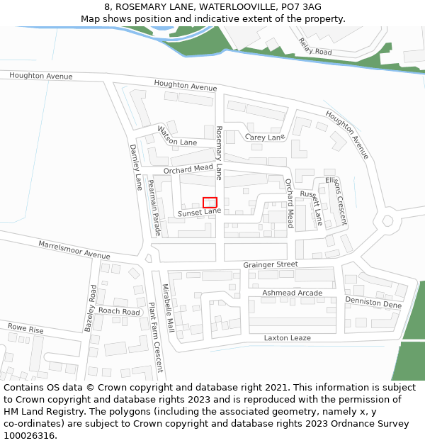 8, ROSEMARY LANE, WATERLOOVILLE, PO7 3AG: Location map and indicative extent of plot