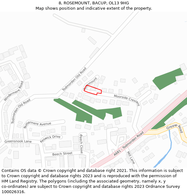 8, ROSEMOUNT, BACUP, OL13 9HG: Location map and indicative extent of plot