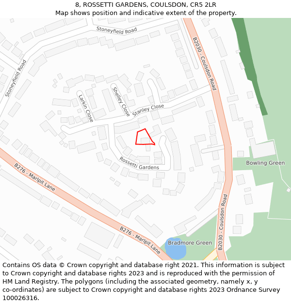 8, ROSSETTI GARDENS, COULSDON, CR5 2LR: Location map and indicative extent of plot