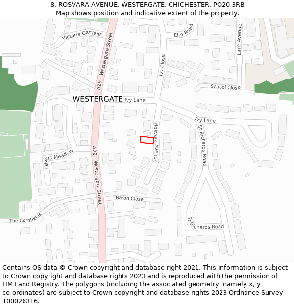 8, ROSVARA AVENUE, WESTERGATE, CHICHESTER, PO20 3RB: Location map and indicative extent of plot