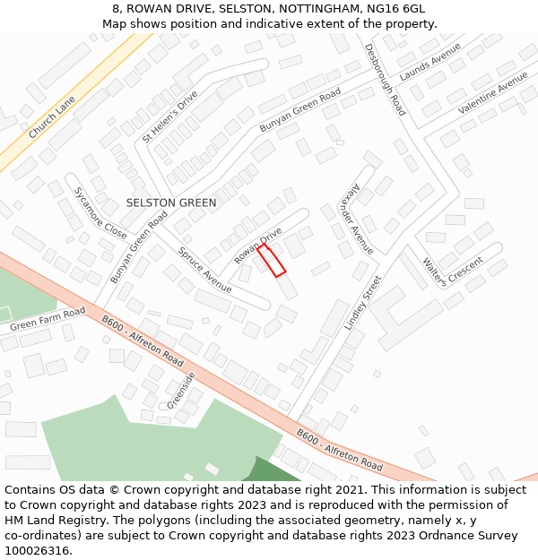 8, ROWAN DRIVE, SELSTON, NOTTINGHAM, NG16 6GL: Location map and indicative extent of plot