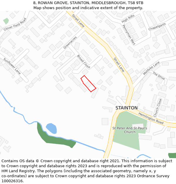 8, ROWAN GROVE, STAINTON, MIDDLESBROUGH, TS8 9TB: Location map and indicative extent of plot