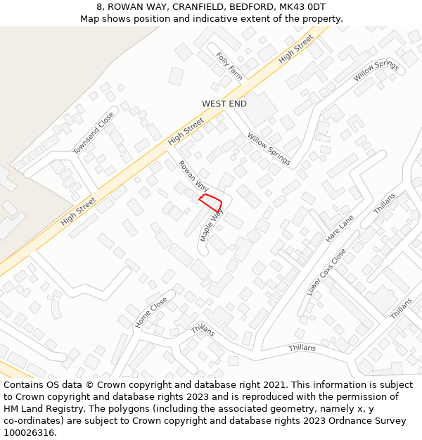 8, ROWAN WAY, CRANFIELD, BEDFORD, MK43 0DT: Location map and indicative extent of plot