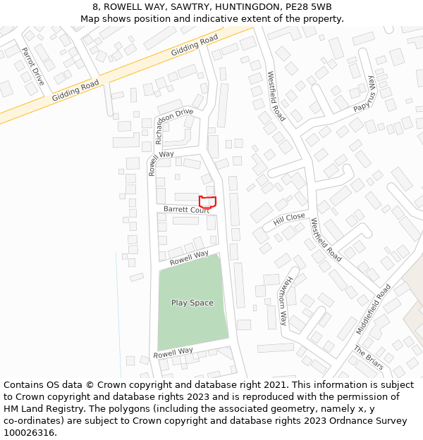 8, ROWELL WAY, SAWTRY, HUNTINGDON, PE28 5WB: Location map and indicative extent of plot