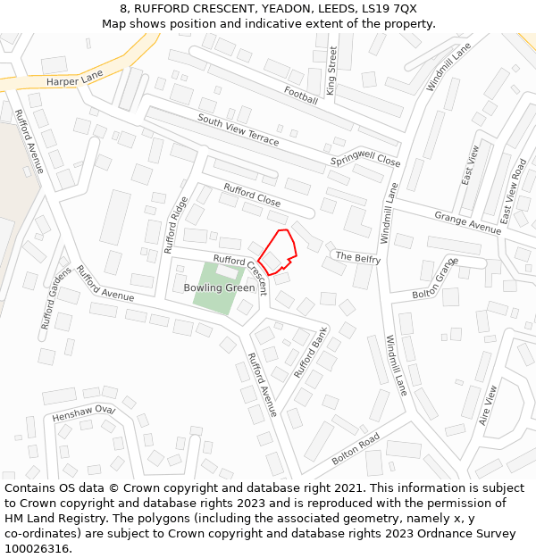 8, RUFFORD CRESCENT, YEADON, LEEDS, LS19 7QX: Location map and indicative extent of plot