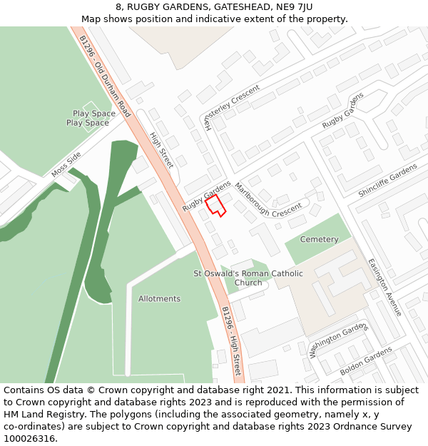 8, RUGBY GARDENS, GATESHEAD, NE9 7JU: Location map and indicative extent of plot