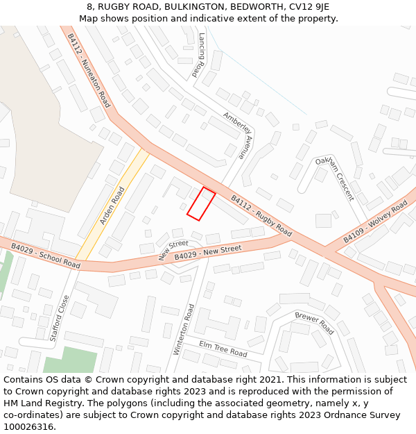 8, RUGBY ROAD, BULKINGTON, BEDWORTH, CV12 9JE: Location map and indicative extent of plot