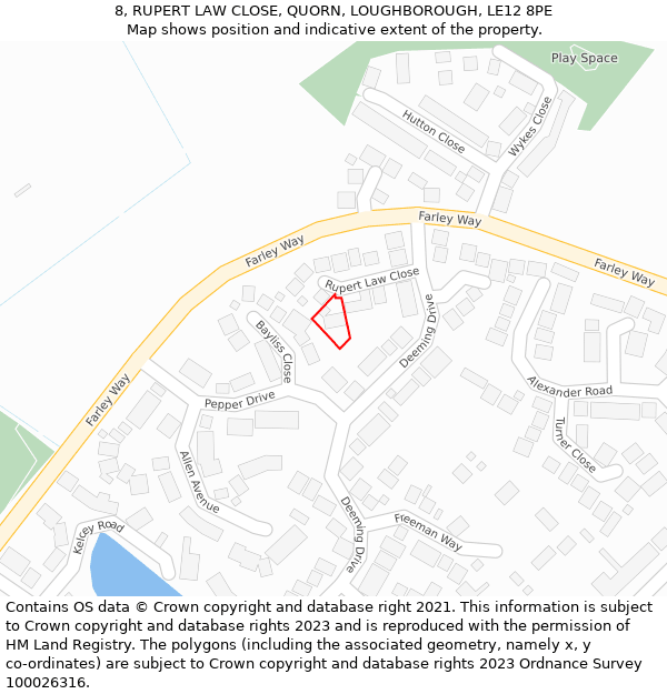 8, RUPERT LAW CLOSE, QUORN, LOUGHBOROUGH, LE12 8PE: Location map and indicative extent of plot