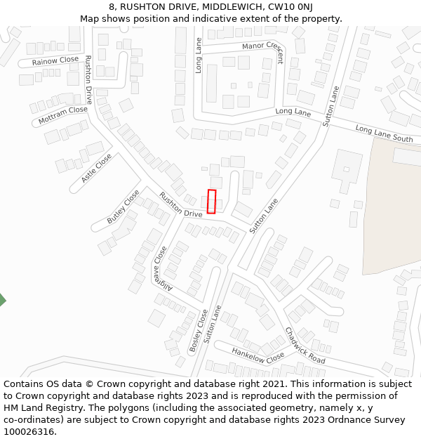 8, RUSHTON DRIVE, MIDDLEWICH, CW10 0NJ: Location map and indicative extent of plot