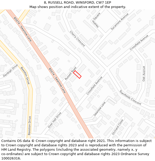 8, RUSSELL ROAD, WINSFORD, CW7 1EP: Location map and indicative extent of plot