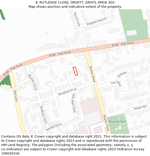 8, RUTLEDGE CLOSE, ORSETT, GRAYS, RM16 3GS: Location map and indicative extent of plot