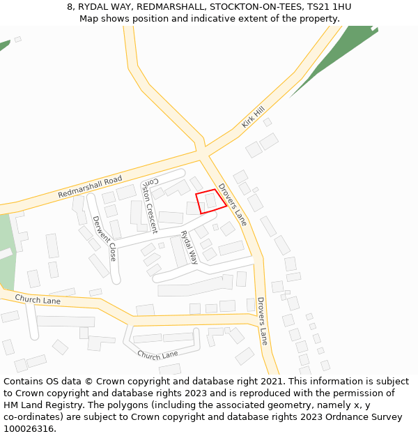 8, RYDAL WAY, REDMARSHALL, STOCKTON-ON-TEES, TS21 1HU: Location map and indicative extent of plot