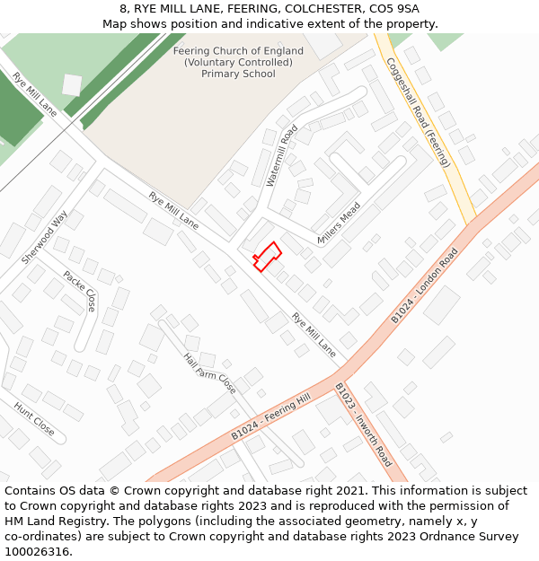 8, RYE MILL LANE, FEERING, COLCHESTER, CO5 9SA: Location map and indicative extent of plot