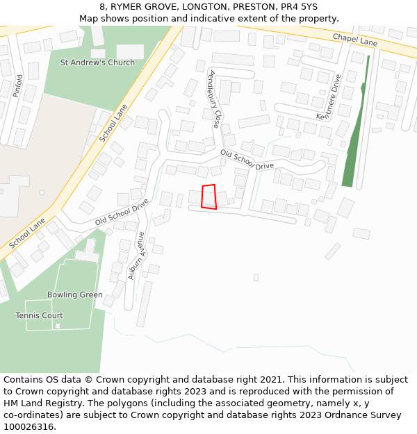 8, RYMER GROVE, LONGTON, PRESTON, PR4 5YS: Location map and indicative extent of plot