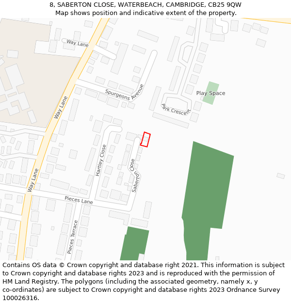 8, SABERTON CLOSE, WATERBEACH, CAMBRIDGE, CB25 9QW: Location map and indicative extent of plot