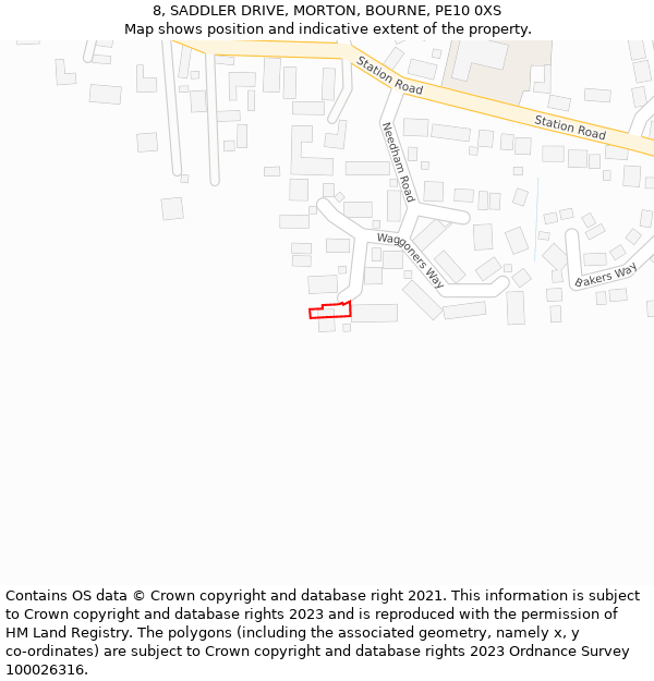 8, SADDLER DRIVE, MORTON, BOURNE, PE10 0XS: Location map and indicative extent of plot