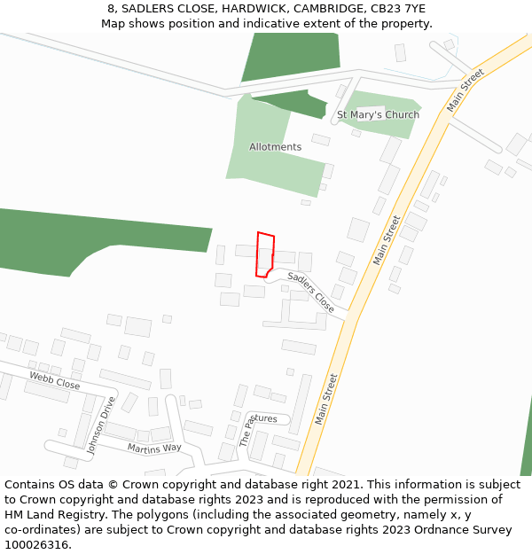 8, SADLERS CLOSE, HARDWICK, CAMBRIDGE, CB23 7YE: Location map and indicative extent of plot