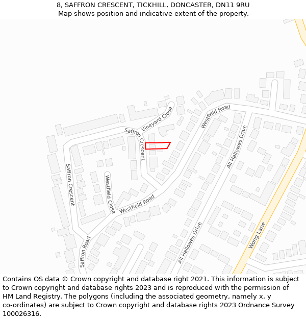 8, SAFFRON CRESCENT, TICKHILL, DONCASTER, DN11 9RU: Location map and indicative extent of plot