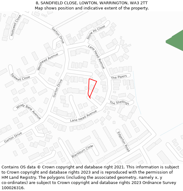 8, SANDFIELD CLOSE, LOWTON, WARRINGTON, WA3 2TT: Location map and indicative extent of plot