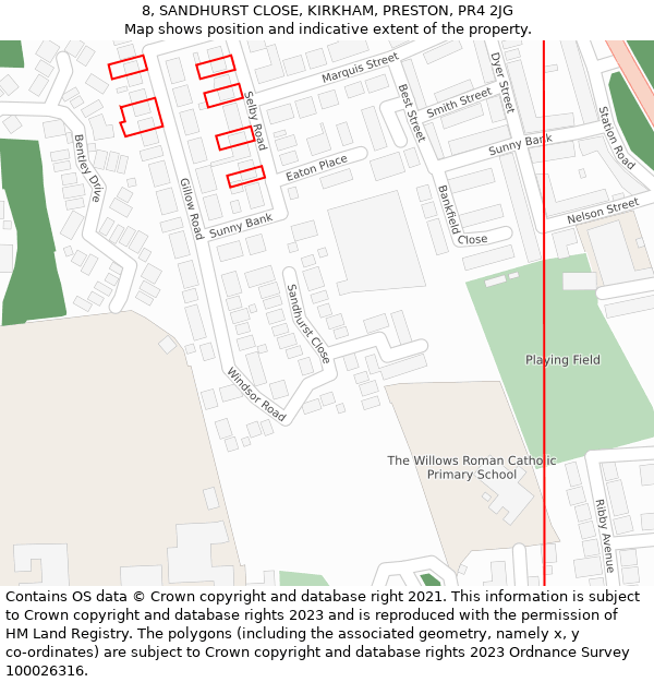 8, SANDHURST CLOSE, KIRKHAM, PRESTON, PR4 2JG: Location map and indicative extent of plot