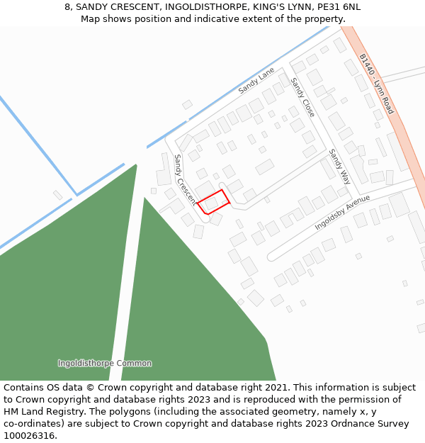 8, SANDY CRESCENT, INGOLDISTHORPE, KING'S LYNN, PE31 6NL: Location map and indicative extent of plot