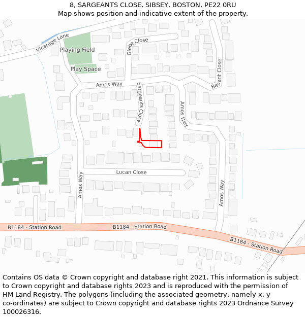8, SARGEANTS CLOSE, SIBSEY, BOSTON, PE22 0RU: Location map and indicative extent of plot