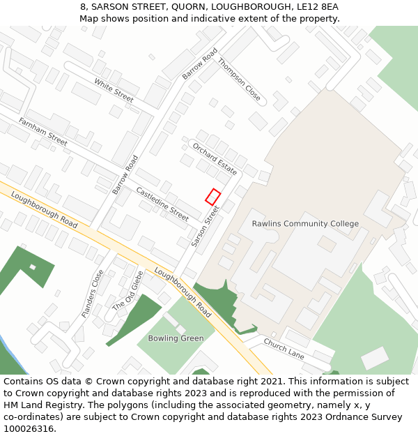 8, SARSON STREET, QUORN, LOUGHBOROUGH, LE12 8EA: Location map and indicative extent of plot