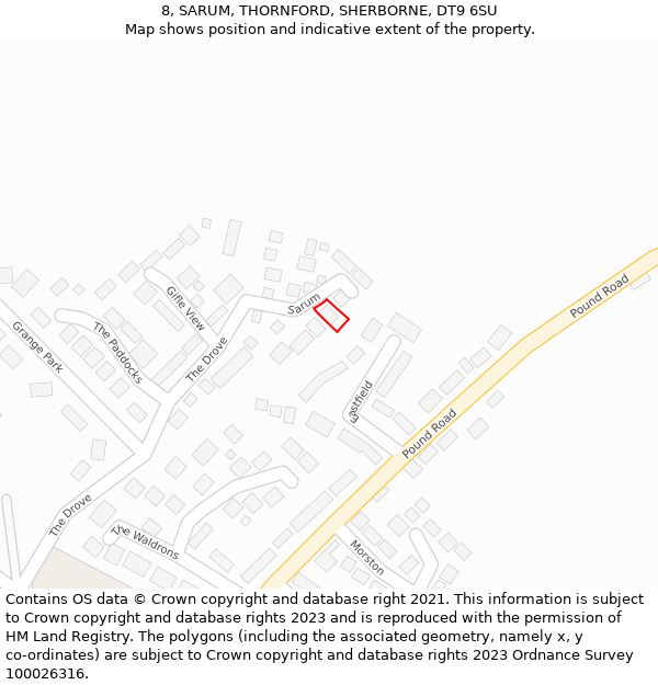 8, SARUM, THORNFORD, SHERBORNE, DT9 6SU: Location map and indicative extent of plot