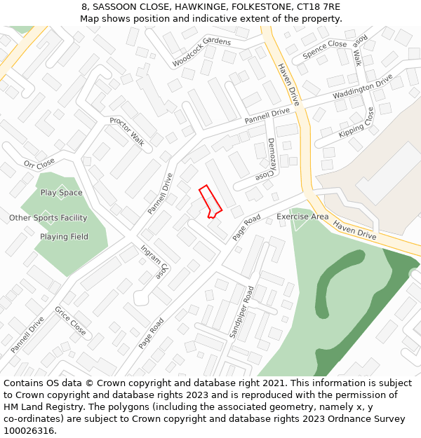 8, SASSOON CLOSE, HAWKINGE, FOLKESTONE, CT18 7RE: Location map and indicative extent of plot