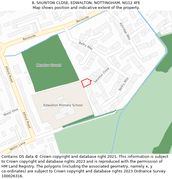 8, SAUNTON CLOSE, EDWALTON, NOTTINGHAM, NG12 4FE: Location map and indicative extent of plot