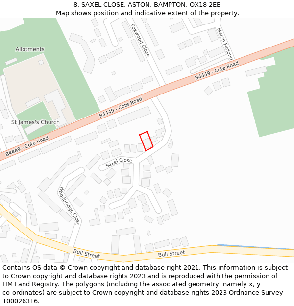 8, SAXEL CLOSE, ASTON, BAMPTON, OX18 2EB: Location map and indicative extent of plot